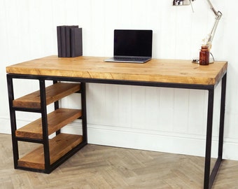 Industrial Welded Box Steel Desk with Reclaimed Timber Top and Side Storage