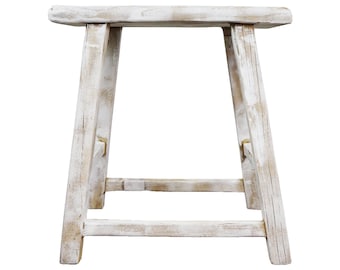 Fair Trade Rustic Wooden Stool - White Washed Finish