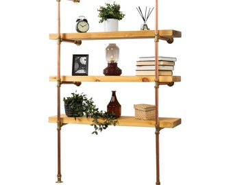 Floor Mounted Shelving Unit With Reclaimed Wooden Shelves | Copper Pipe and Brass Style