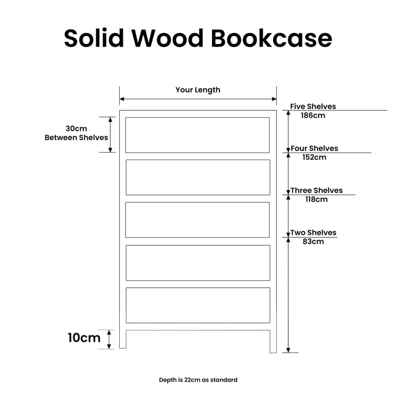 May include: Line drawing of a bookcase with five shelves. The bookcase is 10 cm tall and has a depth of 22 cm. The shelves are spaced 30 cm apart. The drawing shows the height of the bookcase with different numbers of shelves. The text "Solid Wood Bookcase" is at the top of the drawing.