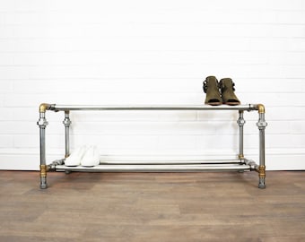Industrial Two Tiered Shoe Rack Storage Made With Silver Steel & Brass Pipe Fittings - Rustic Vintage Style Furniture