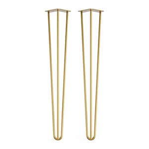 以下が含まれることがあります： 家具用の金色の金属製のヘアピンレッグ2本。各レッグは3本のピンと平らなトッププレートを持っています。