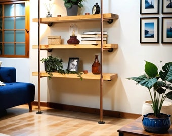 Floor Mounted Shelving Unit With Reclaimed Wooden Shelves | Copper Pipe Style