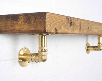 Industrial Brass Pipe Shelf Bracket Holder Elbow Style (Pair)