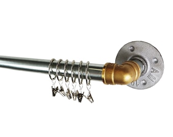 Industrial Curtain Pole, Elbow Style Curtain Rail Made From Silver Steel & Brass Pipe Fittings!! Steampunk, Vintage - Custom Sizes