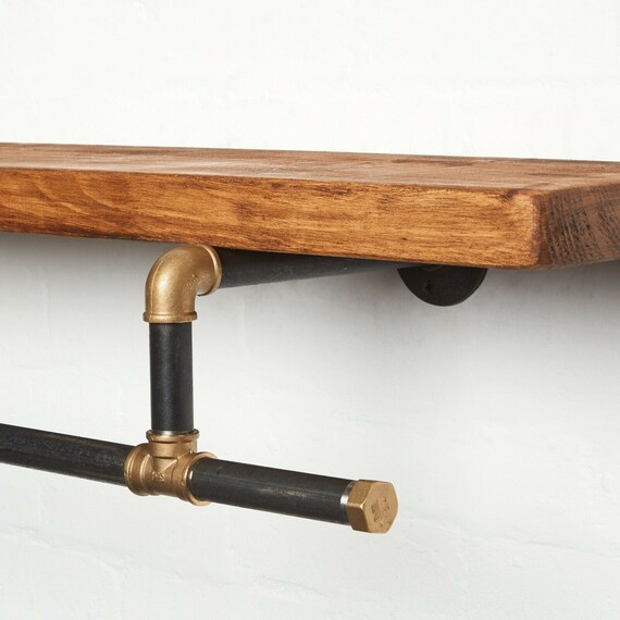 Industrial Steampunk Clothes Rail With Shelf - Wall Mounted Pipe & Wood Hanging Rack 4 thumbnail image