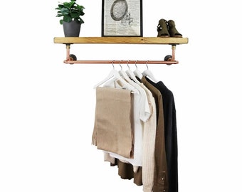 Clothes Rail With Solid Wood Shelf - Made from Copper Pipe and Fittings - Urban, Vintage, Steampunk - Choice of Colours