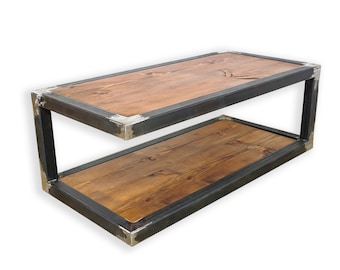Industrial Welded Box Steel Open Corner Coffee Table with Reclaimed Timber Top | Industrial Box Steel Style