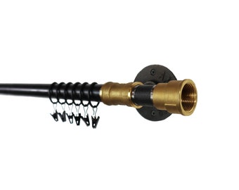 Industrial Curtain Pole, Finial Style Curtain Rail Made From Raw Steel & Brass Pipe Fittings!! Steampunk, Vintage - Custom Sizes