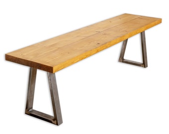 Reclaimed Timber Bench with Steel Trapezium Legs | Industrial Style Reclaimed Timber