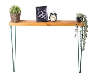 Reclaimed Timber Console Table: Pastel Green Hairpin Legs