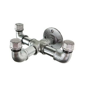 Wall Mounted Triple Hook Industrial Pipe Style - Silver Steel Pipe Fittings - Vintage Style!