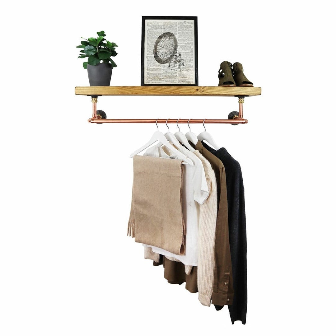 Elbow Clothes Rail With Solid Wooden Shelf | Industrial Copper Pipe ...