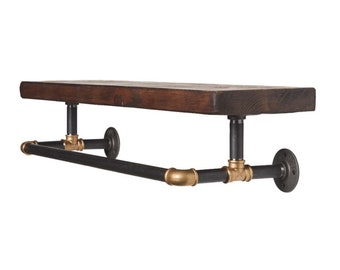 Clothes Rail With Solid Wood Shelf - Black & Brass Pipe Fittings - Urban, Vintage, Steampunk - Choice of Colours