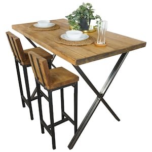 Cocina alta rústica recuperada / mesa de bar con patas de caja de acero estilo X / estilo industrial de madera recuperada / muebles hechos a mano