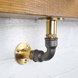 Industrial Brass and Steel Pipe Shelf Brackets Curved Style (Pair) - Steampunk Urban Style! Heavy Duty Shelving Brackets - Pipe Furniture
