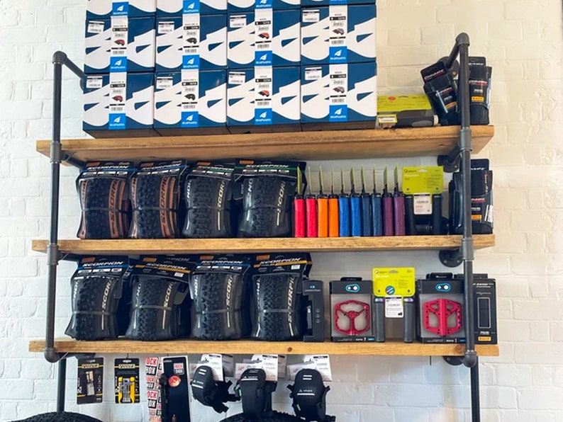 Pipe Fitting Tiered Shelving Unit - Height and Length Customisable - Industrial Shelving Unit for Wall - Reclaimed Solid Wooden Shelves
