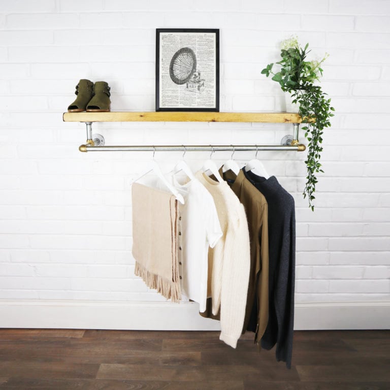 Industrial Elbow Clothes Rail With Solid Wooden Shelf Industrial