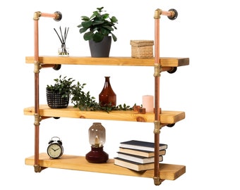 Wall Mounted Shelving Unit With Reclaimed Wooden Shelves | Thick Copper Pipe and Brass Style