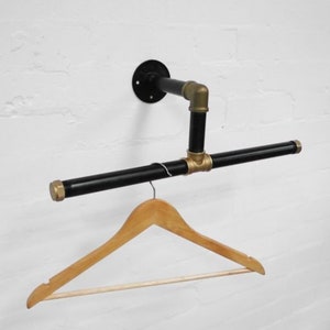 Wall Mounted Clothes Rail DOUBLE - Black & Brass Vintage Style - Made from Industrial Pipe Fittings!