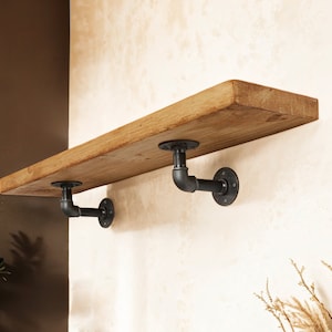Solid Wood Shelf with Brackets | Handmade Timber Reclaimed Scaffold Board | Raw Steel Elbow Heavy Duty Brackets | Bookshelf, Kitchen Shelf