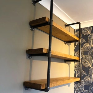 Pipe Fitting Tiered Shelving Unit - Height and Length Customisable - Industrial Shelving Unit for Wall - Reclaimed Solid Wooden Shelves