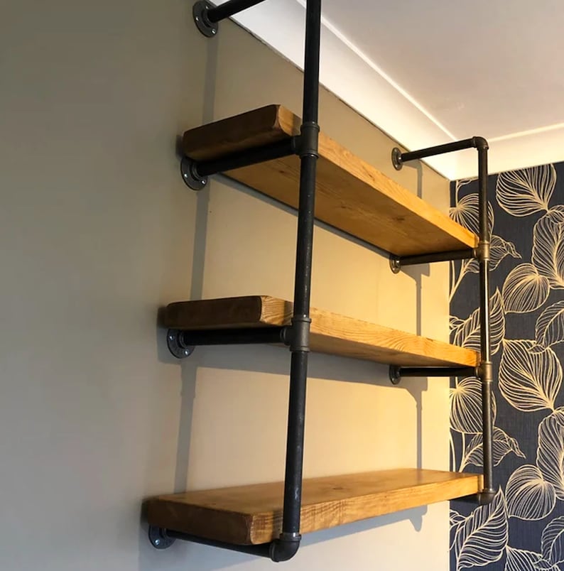 Pipe Fitting Tiered Shelving Unit - Height and Length Customisable - Industrial Shelving Unit for Wall - Reclaimed Solid Wooden Shelves