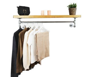 Perchero de pared con estante flotante / Estilo industrial de tubo de acero plateado