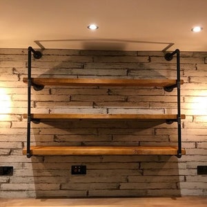 Pipe Fitting Tiered Shelving Unit - Height and Length Customisable - Industrial Shelving Unit for Wall - Reclaimed Solid Wooden Shelves