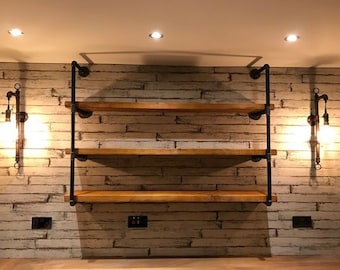 Massivholzregal mit Rohrfitting, Höhe und Länge anpassbar, Industrieregal für die Wand