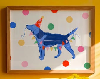 Póster festivo de beagle con lunares multicolores: ilustración de un perro beagle, sombrero y pancarta de cumpleaños, decoración colorida y alegre para un niño.