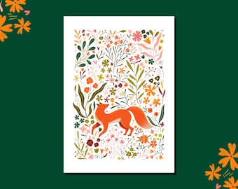 Póster de zorro de herbario rosa: ilustración suave de un zorro, bosque, vegetación, flores, decoración de guardería, póster para el hogar, diseño floral.