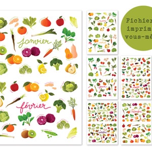 Peut inclure: Ensemble d'impressions illustrées de fruits et légumes, chaque impression représentant un mois de l'année. Les impressions incluent du texte en français et un cercle vert avec le texte "Fichier à imprimer vous-même".