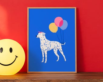 Póster dálmata con gafas de sol y globos - Ilustración de perro, fiesta, cumpleaños, decoración colorida, alegre, niño, amante de los perros