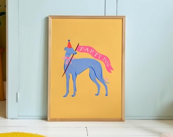 Póster de galgo y pancarta de perro de fiesta: ilustración de un perro, fiesta, cumpleaños, decoración colorida, alegre, niño, amante de los perros