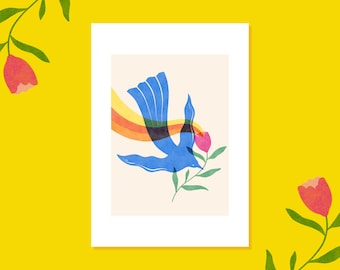 Póster de pájaro arcoíris: ilustración, decoración del hogar, estilo risógrafo, decoración positiva, habitación infantil, póster para el hogar, sala de estar