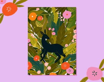 Póster de cierva y bosque de flores - Ilustración floral, cierva, decoración del hogar, habitación infantil, sala de estar, póster colorido, vegetación