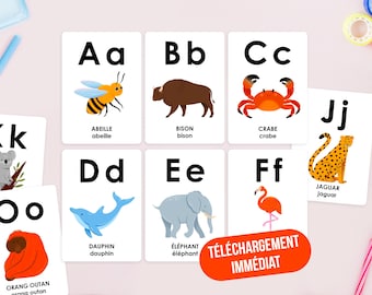 Tarjetas imprimibles del alfabeto de animales - Fichas educativas en francés, ABC educativo para niños, PDF descargable