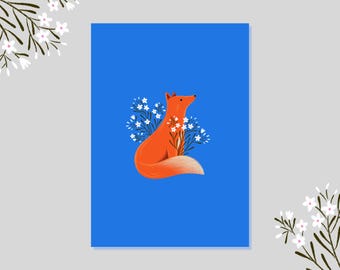 Póster de zorro y ramo de flores sobre fondo azul - Ilustración dulce, zorro, ramo de flores, decoración de habitación de bebé, habitación infantil