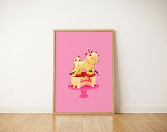 Bichon-Geburtstagstorte-Kunstdruck – Wandbild mit Hundemotiv, Kinderzimmerdeko, Geburtstagsgeschenk für Hundeliebhaber, Sofort-Download