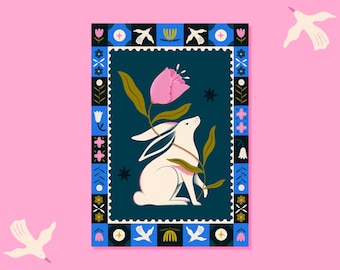 Póster de patchwork de conejo y flores: ilustración de un conejo y una flor, patrones de patchwork, bloques de color, vegetación, póster para la habitación de un niño o un bebé.