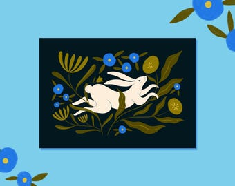 Póster de conejo con flores verdes y azules: ilustración de un conejo y flores, decoración del hogar, habitación infantil, póster para bebé, ilustración floral