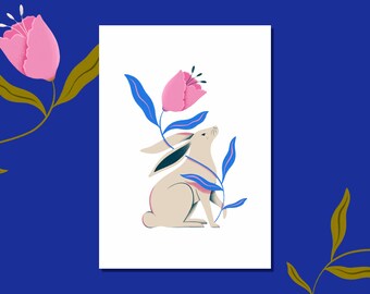 Póster de conejo y flor sobre fondo blanco: ilustración de un conejo, flor, animal salvaje, decoración suave, póster para habitación infantil, bebé, póster infantil