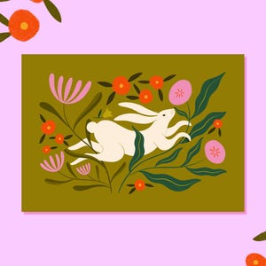 Affiche Lapin fleuri vert et rose - Poster A5, A4, 30x40