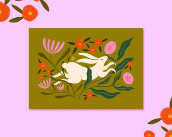 Póster de conejo florido verde y rosa: ilustración de un conejo y flores silvestres, flores del campo, decoración para la habitación de un niño, habitación de bebé, sala de estar, hogar