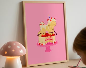 Póster de Bichon Frise en un pastel de cumpleaños: ilustración de un perro, vela de cumpleaños, decoración colorida, alegre, niño, amante de los perros