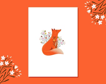 Póster de zorro y ramo de flores multicolores: ilustración de un zorro y un ramo de flores silvestres, decoración del hogar, póster para habitación de bebé