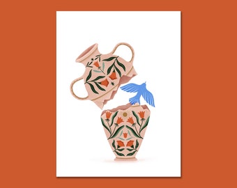 Póster de jarrón roto: ánfora, pájaro, vegetación, póster para el hogar, dormitorio, decoración del hogar, ilustración colorida de un pájaro y flores