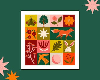 Póster de bosque de retazos: ilustración de zorro, conejo y pájaro, decoración de habitación infantil, póster para dormitorio, ilustración colorida, bloque de color.