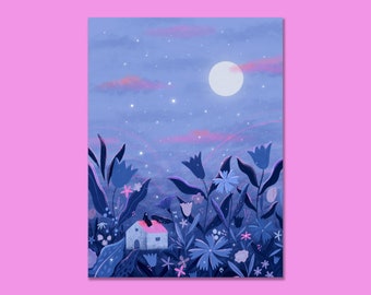 Póster de noche: ilustración suave, paisaje de ensueño, azul y morado, flores, bosque, cabaña, naturaleza, decoración del hogar, póster de dormitorio